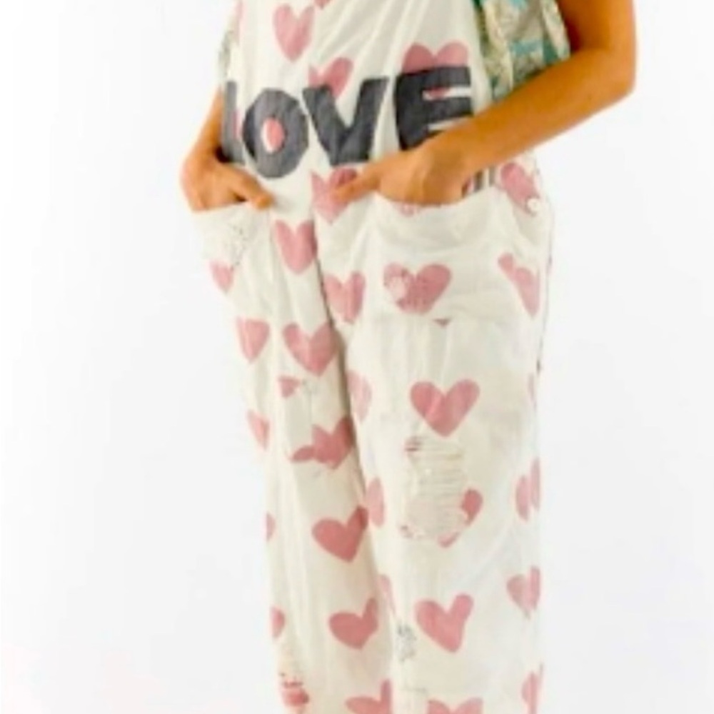 Magnolia Pearl LOVE White and Pink Heart Overalls